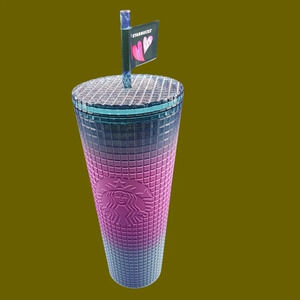 Starbucks 2024 valentines tri color 24oz tumbler with straw pink/teal/blue